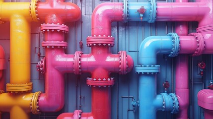 Wall Mural - colorful industrial pipes abstract art: a vibrant display of interconnected pipes in pink, blue, and