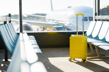 Fototapete - Travel, The suitcases in an empty airport hall, traveler cases in the departure airport terminal waiting for the area, vacation concept, blank space for text message or design, luggage for travel.