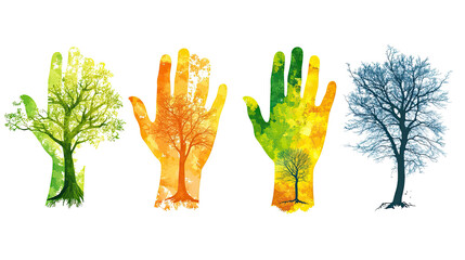 Poster - Colorful Hands Illustrating Trees in Artistic Display Generative AI