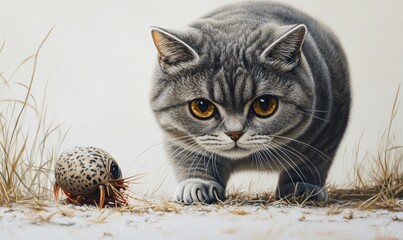 grey cat stalking crab-like creature; outdoor setting, calm background