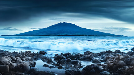 Poster - Ocean Waves Crashing Against Rocks with Majestic Mountain and Dramatic Sky in the Background