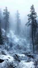 Canvas Print - Misty Winter Forest Scene with Snow-Covered Trees and Shrubs in a Serene Landscape.