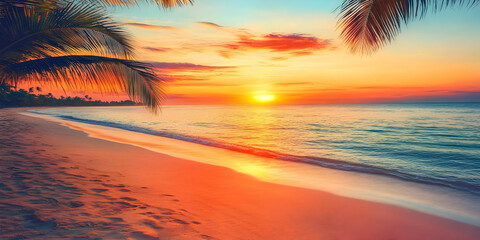 Poster - Tropical beach sunset glows with vibrant colors beneath palm trees.