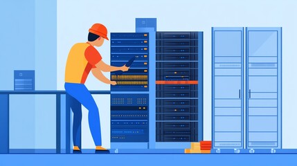 Poster - Technician Performs Maintenance on Server Equipment in a Modern Data Center During a Bright Daytime