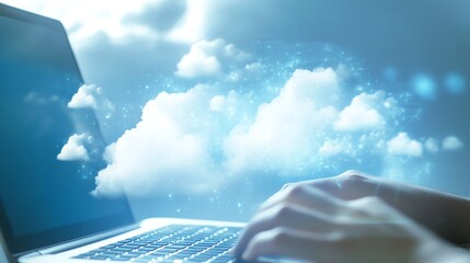 Poster - Hands Typing on a Laptop With Clouds and Digital Elements Symbolizing Cloud Computing and Technology