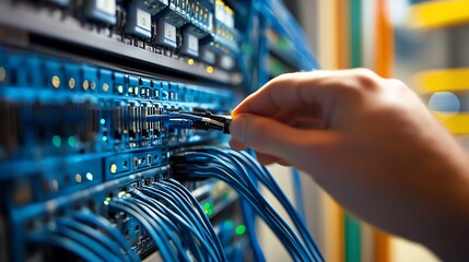 Poster - Technician Connecting Cables in a Data Center With Numerous Network Connections