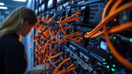 Poster - Technician Working on Server Equipment in a Data Center During the Evening Hours