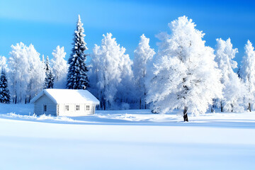 Canvas Print - A small, white cabin stands nestled amidst a snow-covered forest scene in winter with frost-covered trees and a bright blue sky.