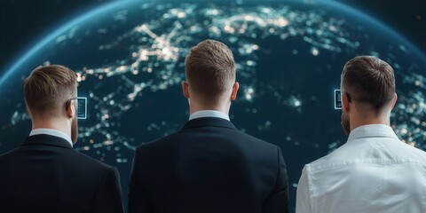 Fototapete - clean energy wind management Concept. Three professionals watching a globe illuminated at night, symbolizing global connectivity and innovation.