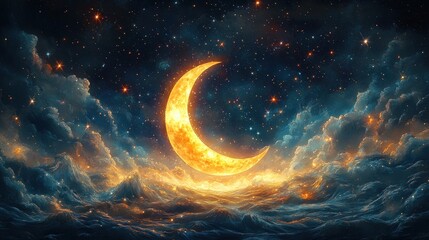 Wall Mural - Crescent moon above glowing, starry, wave-like landscape.