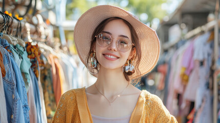 young woman wearing stylish hat and sunglasses smiles brightly while shopping vibrant outdoor market filled with colorful clothing. Her cheerful expression reflects love for fashion and