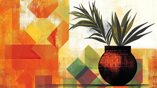 Abstract Silhouette of Pongal with Kolam and Sugarcane, Thai Pongal