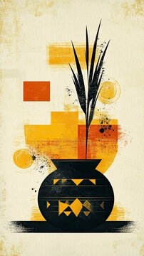 Abstract Silhouette of Pongal with Kolam and Sugarcane, Thai Pongal