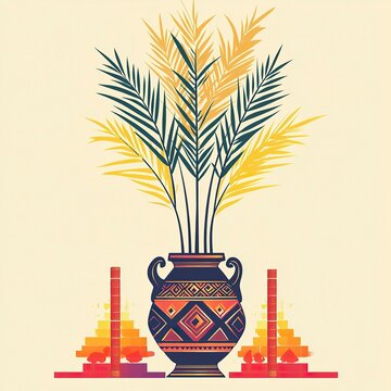 Abstract Silhouette of Pongal with Kolam and Sugarcane, Thai Pongal