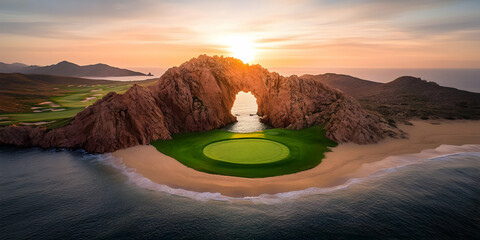 Poster - Golf Course Nestled Between Majestic Rock Formations at Golden Sunrise by the Ocean