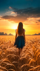 Sticker - Young Woman Stands in a Golden Wheat Field Watching the Sunset with Colorful Clouds