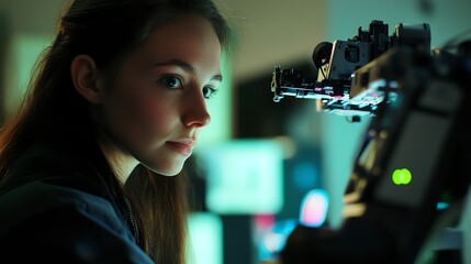 Poster - Young Woman Engaged in Advanced Technology Work in a Dimly Lit Environment Focused on a Robotic Device