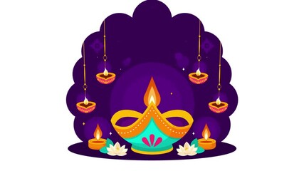 Wall Mural - Animation of Diwali Festival of Lights Vector Illustration featuring Traditional Indian Rangoli Decoration, Festive Lamp and Fireworks in a Background