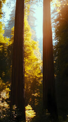 Wall Mural - Sunlight filters through redwood trees and creates a beautiful, enchanting forest landscape.