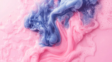 Poster - Pink and blue liquid swirls on a vibrant pink background creating an abstract artistic composition