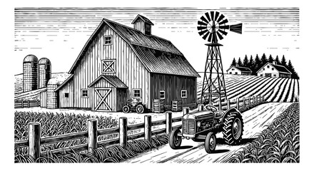 Wall Mural - rural farm scene. the image features a rustic barn with a pitched roof engraving black and white out