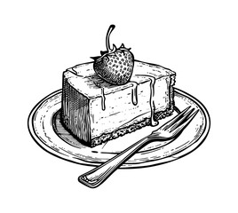 Wall Mural - cheesecake cherry engraving black and white outline