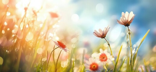 art spring summer flower background; fresh grass on sun sky