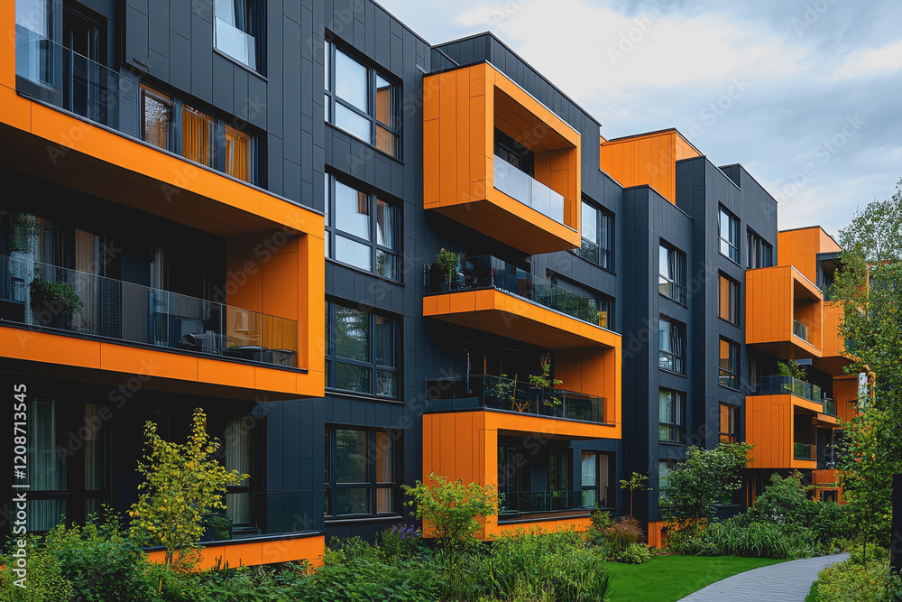 Row of modern orange and black apartment buildings with blue sky and ...