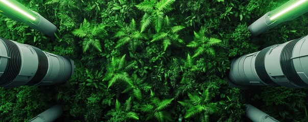 Aufkleber - clean energy wind management Concept. Lush green plants surrounding futuristic cylindrical structures in a vibrant environment.