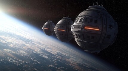 Poster - clean energy wind management Concept. Three futuristic spacecraft orbiting Earth against a starry background.