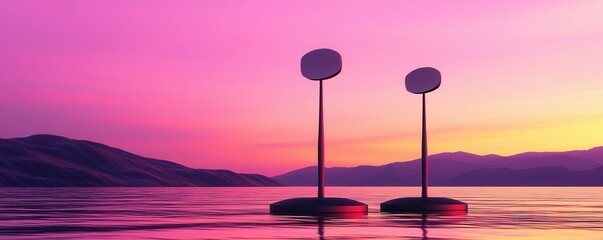 Poster - clean energy wind management Concept. Two abstract forms stand in a tranquil body of water under a vibrant purple sunset.