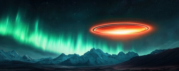 Aufkleber - clean energy wind management Concept. A vibrant aurora illuminates a mountain landscape with a mysterious, glowing object in the sky.
