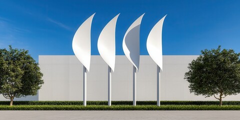 Poster - clean energy wind management Concept. Modern architectural sculpture with sails against a clear blue sky and greenery.