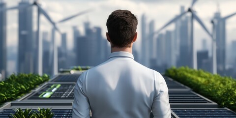 Poster - clean energy wind management Concept. A person stands before wind turbines and solar panels in a futuristic cityscape.