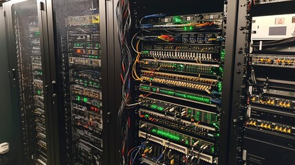 Poster - High-tech Server Rack Filled With Networking Equipment and Illuminated Connections