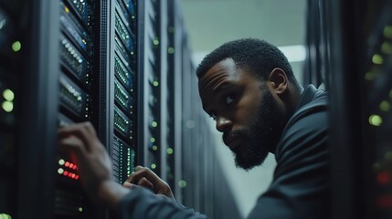 Poster - Technician Maintains Server Racks in a Data Center During Evening Hours While Monitoring System Performance
