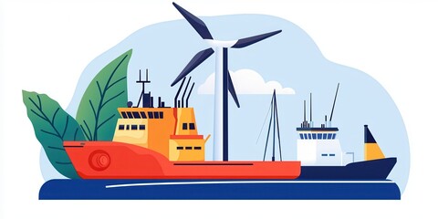 Poster - clean energy wind management Concept. Illustration of ships with wind turbines and greenery, symbolizing eco-friendly maritime transport.