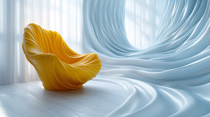 Poster - Yellow chair positioned in front of a curtain in a bright indoor setting