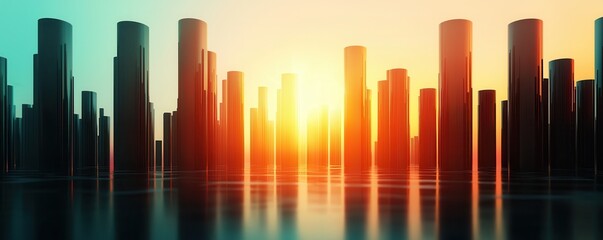 Poster - clean energy wind management Concept. Urban skyline at sunset with reflective water and silhouettes of tall buildings.