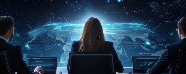 Fototapete - clean energy wind management Concept. A professional team observing a digital world map from a futuristic control room.