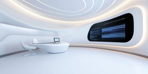 Poster - clean energy wind management Concept. Futuristic interior design featuring sleek white surfaces and a high-tech display screen.