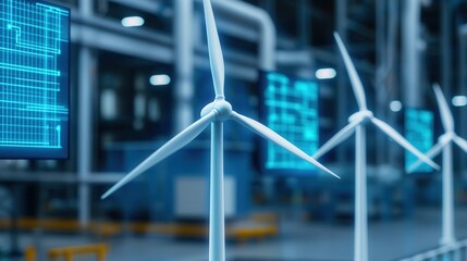 Poster - clean energy wind management Concept. Modern wind turbines in a high-tech facility with data displays showcasing renewable energy technology.