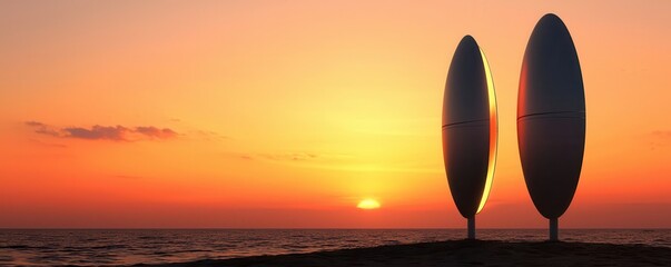 Poster - clean energy wind management Concept. Silhouettes of two modern structures against a vibrant sunset over water.