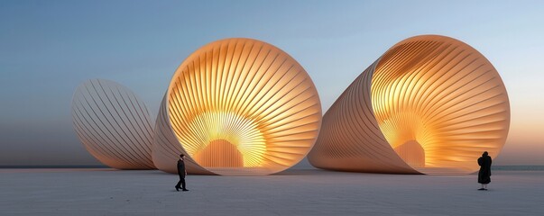 Poster - clean energy wind management Concept. Innovative architectural structures glowing in the evening light on a serene landscape.