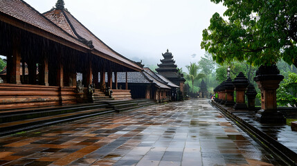 Wall Mural - Rainy day at ancient Balinese temple complex; misty mountains in background; potential use travel brochure