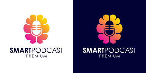 Smart podcast logo icon design template. Brain and microphone icon symbol vector illustration for education. Think podcast logo. Broadcast entertainment business logo template vector illustration.