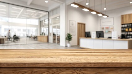 Poster - A wooden table with a view of a room with people working