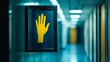 © BerkahStock - Yellow hand symbol on a dark frame in a hallway.