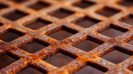 Rusty metal grid, close-up texture, outdoor setting, blurred background, industrial design