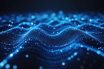 Poster - Abstract blue digital wave, glowing particles flow smoothly. Ideal for tech, AI, and network concepts, represents data flow or connectivity.